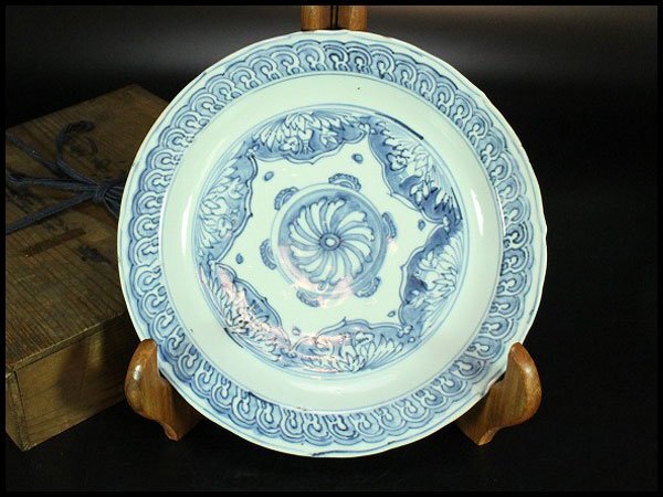 【金閣】中国美術 青花 古染付 蓮花 盤 φ20.5cm 明 美品 希少 旧家蔵出 送料無料(LC365)拍卖