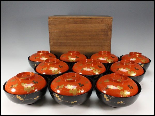 【金閣】輪島塗 蔦蒔絵 椀 朱蓋 黒漆 十客 旧家蔵出 送料無料(LC90)拍卖