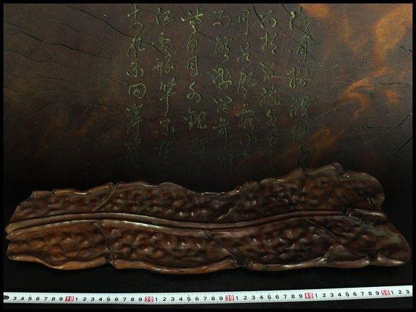 【金閣】中国美術 煎茶 唐物 木彫刻 葉盆 裏刻 題詞 茶道具伝来 送料無料(HA481)拍卖