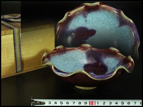 【金閣】中国美術 鈞窯 斑紫釉 輪花形 碗 φ17.5cm 旧家蔵出 送料無料(LC215)拍卖