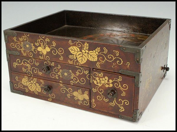 【金閣】名品 扇子蒔絵 桑地 纏枝桐紋 四方 化粧箱 引き出箱 旧家蔵出 送料無料(XA622)拍卖
