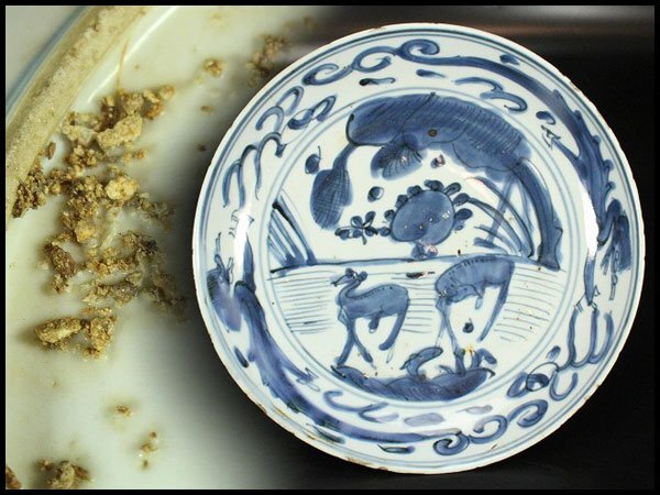 【金閣】中国美術 呉須 古染付 鹿紋 盤 明末-清初 旧家蔵出 送料無料(MG946)拍卖