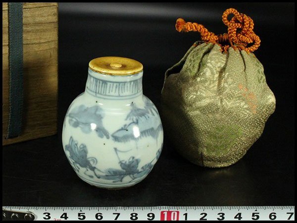 【金閣】中国美術 古染付 祥瑞 茶入 明時代 唐物 鹿角蓋 茶道具伝来 旧家蔵出 送料無料(XA856)拍卖