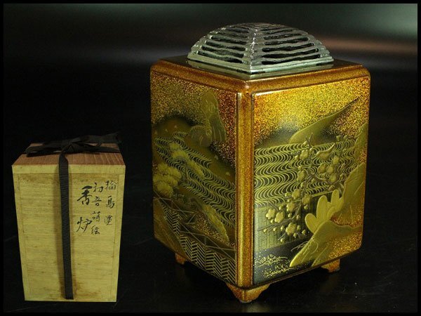 【金閣】名品 輪島塗 初音蒔絵 香炉 純銀 火屋 美品 旧家蔵出 送料無料(YC574)拍卖