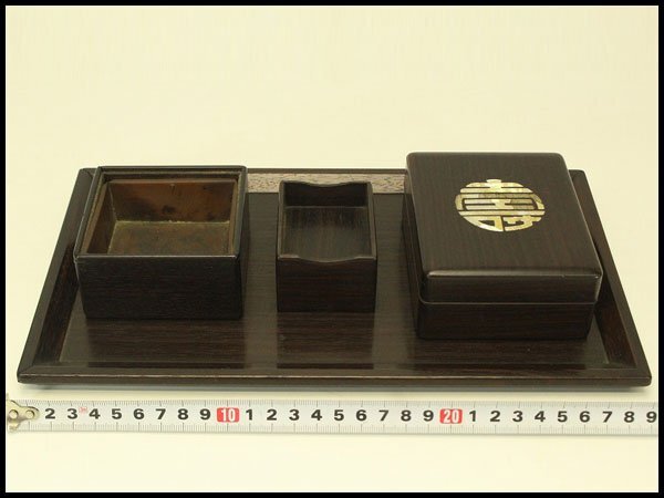 【銀閣】紫檀 煙草盆 螺鈿 寿字 四方盆 旧家蔵出 送料無料(A563)拍卖