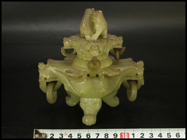 【銀閣】中国美術 白玉 刻 双獅子蓋 香炉 旧家蔵出 送料無料(A376)拍卖