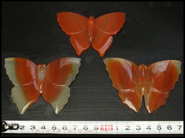 【銀閣】中国美術 赤 瑪瑙 刻 蝶 飾り 三件 旧家蔵出 送料無料(A287)拍卖