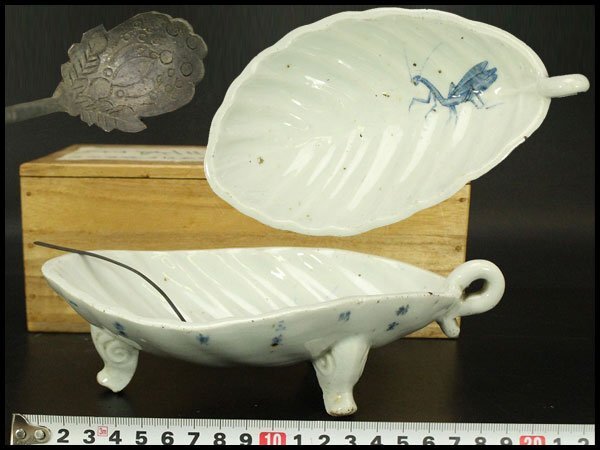 【銀閣】青花 葉形 三足 筆洗 匙付 旧家蔵出 送料無料(A887)拍卖