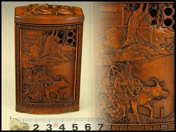 【銀閣】中国美術 高揚木 刻 人物紋 印籠 蓋提物 細密彫刻 高9cm 旧家蔵出 送料無料(HA403)拍卖