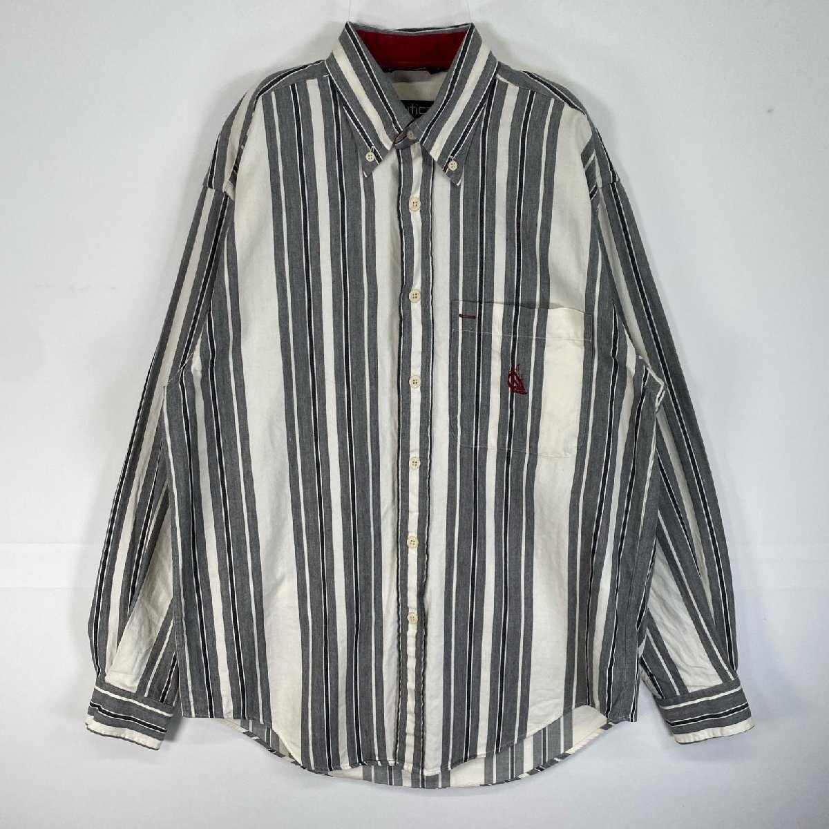 古着 90's/90年代 ノーティカ NAUTICA 長袖シャツ ロゴ 刺繍 ストライプ ボタンダウン USA製 S グレー系 マルチカラー メンズ拍卖