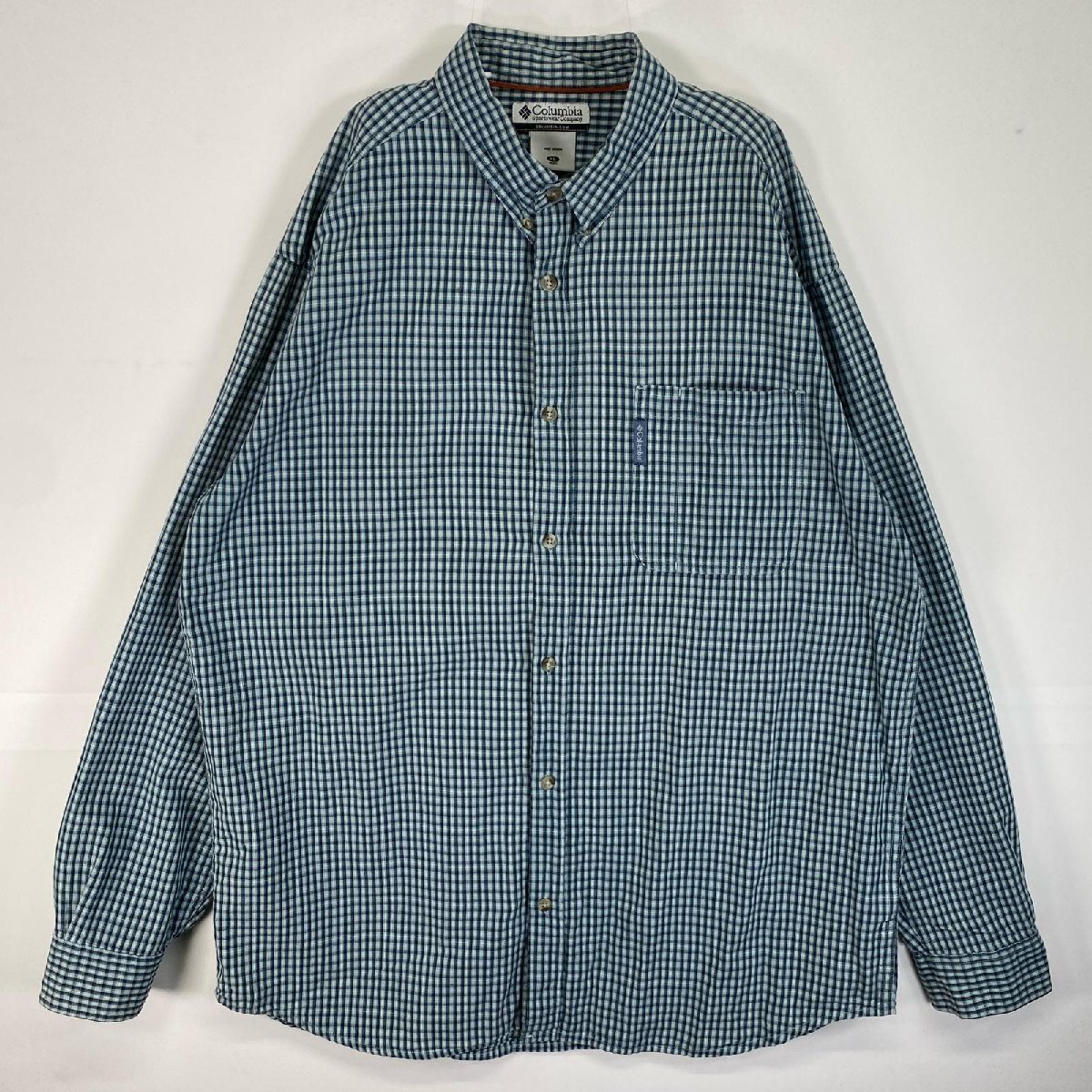 古着 コロンビア Columbia 長袖シャツ ワンポイント ロゴ チェック 胸ポケット XL ブルー系 マルチカラー メンズ拍卖