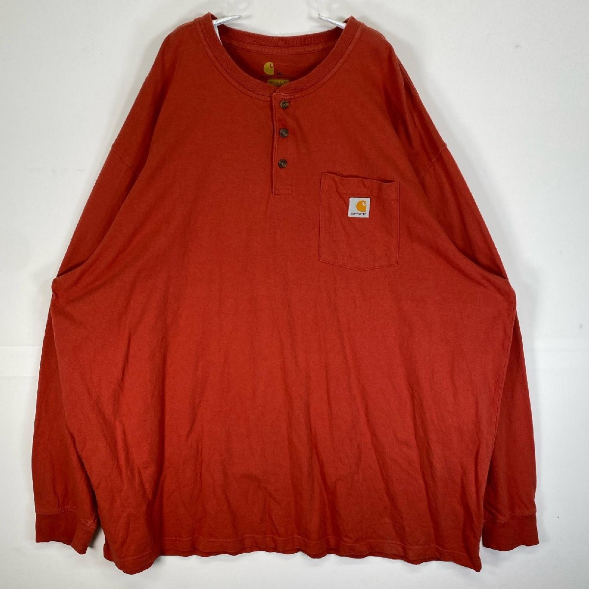 古着 カーハート Carhartt 長袖Tシャツ ヘンリーネック ワンポイント ロゴ 大きいサイズ 肉厚 3XL オレンジ 無地 メンズ拍卖