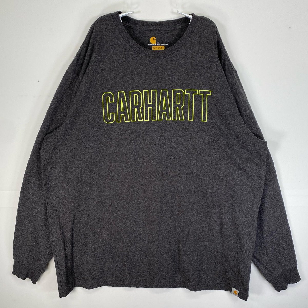 古着 カーハート Carhartt 長袖Tシャツ 肉厚 ワーク 大きいサイズ XL ダークグレー系 プリント メンズ拍卖
