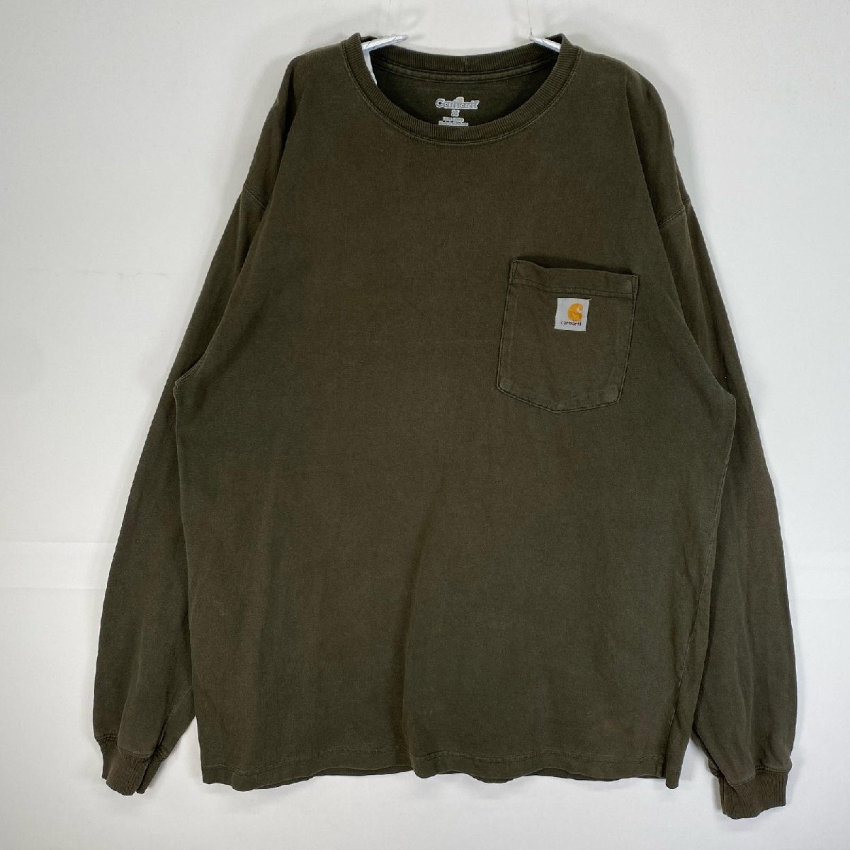 古着 カーハート Carhartt 長袖Tシャツ 肉厚 フェード ワンポイント ロゴ M カーキ系 無地 メンズ拍卖