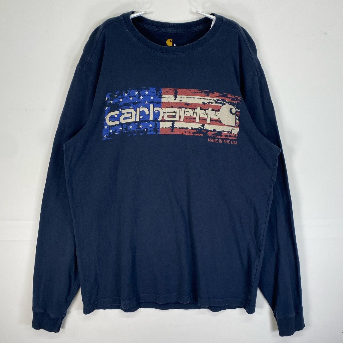 古着 カーハート Carhartt 長袖Tシャツ 星条旗 USA製 クルーネック M ネイビー プリント メンズ拍卖