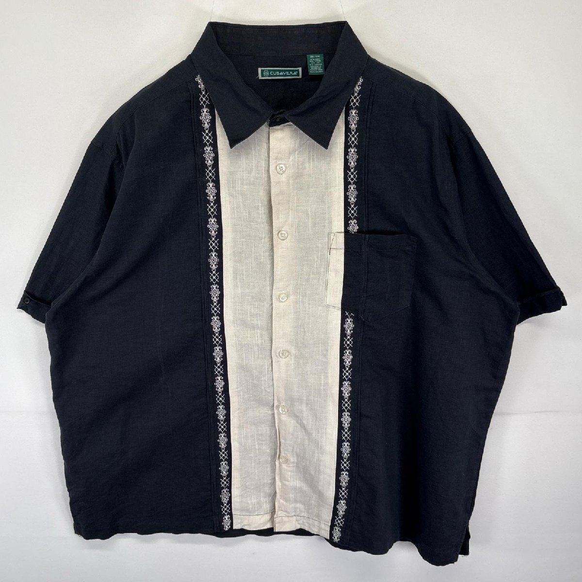 古着 CUBAUERA 半袖シャツ キューバシャツ 刺繍 リネン生地 ツートンカラー 大きいサイズ 2X ブラック メンズ拍卖