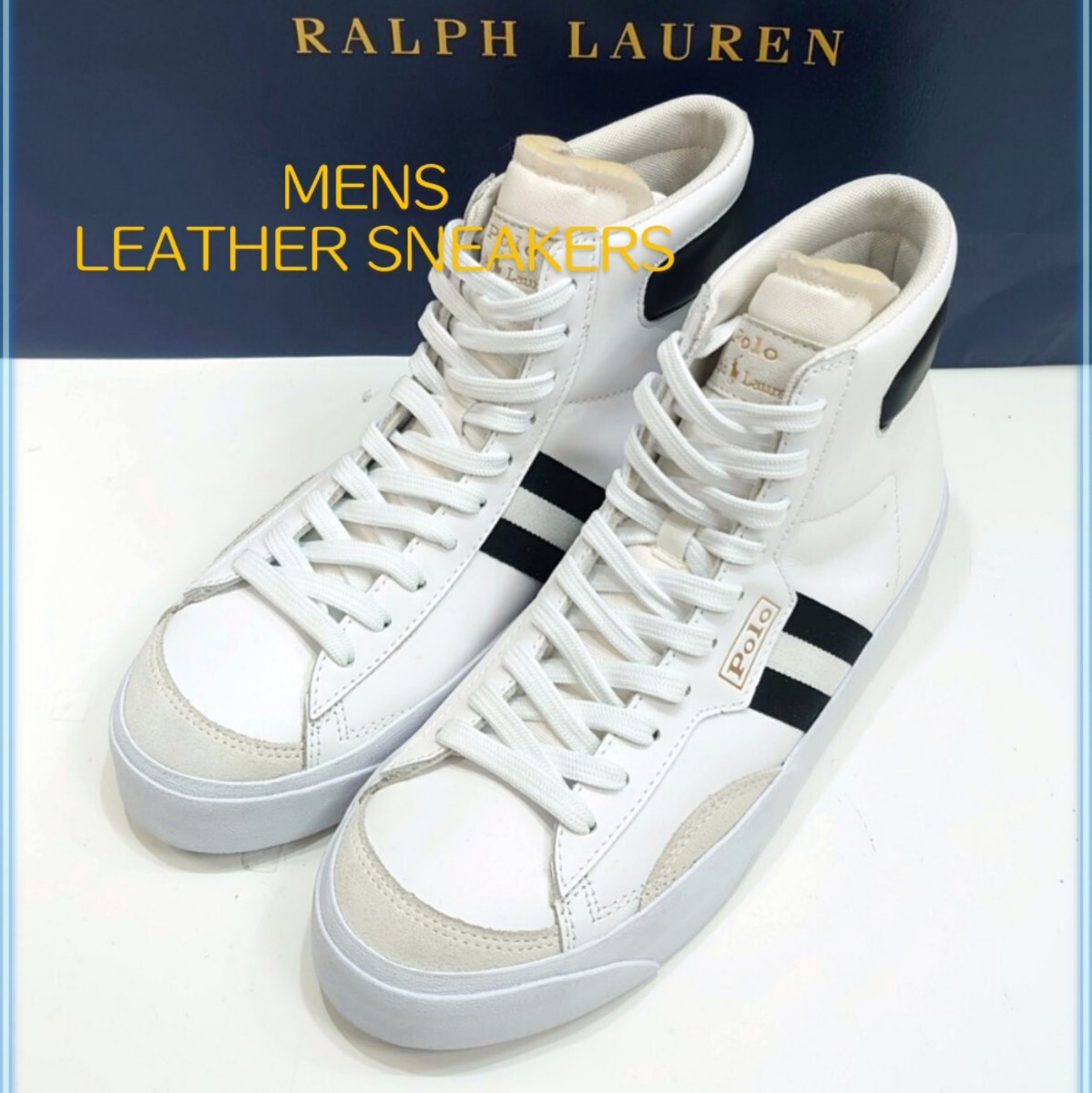 未使用 ポロ ラルフローレン Polo Ralph Lauren 本革 ホワイト レザー メンズ ハイカット レースアップ スニーカー US8 25,5cm アメトラ 拍卖