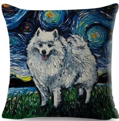【送料無料】サモエド I スピッツ ゴッホ風油絵 クッションカバー コットンリネン 45x45【新品】拍卖