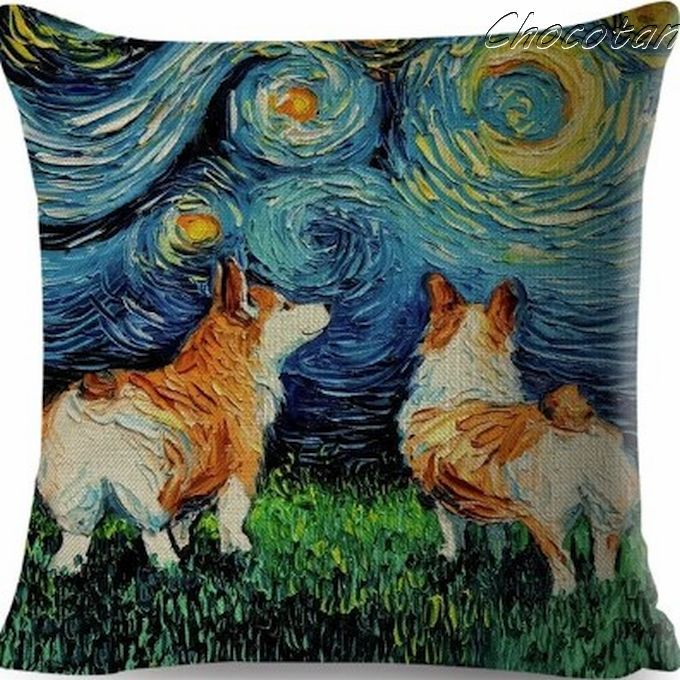 【送料無料】コーギー ⑱ ゴッホ風 クッションカバー 45x45【新品】拍卖