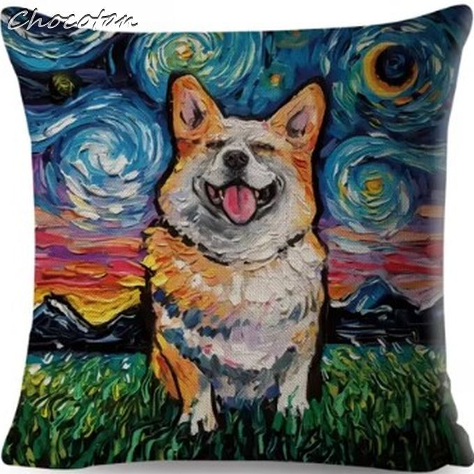 【送料無料】コーギー 25 ゴッホ風 油絵 クッションカバー コットンリネン 45x45【新品】拍卖