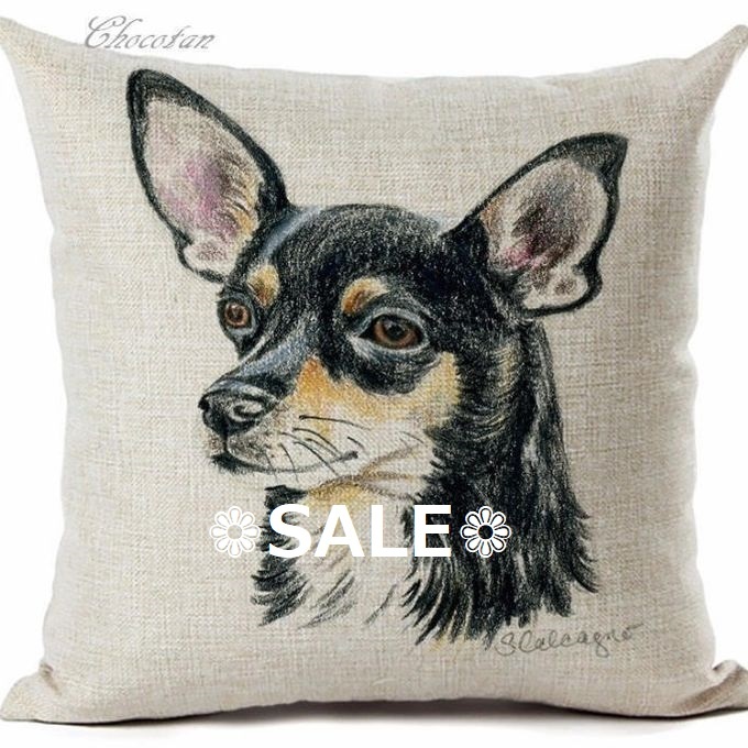 【送料無料】チワワ B1 パステル画 コットンリネン 45x45cm クッションカバー【新品】拍卖