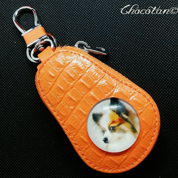 【送料無料】パピヨン キーケース【ガラス イラスト】 オレンジ【新品】拍卖