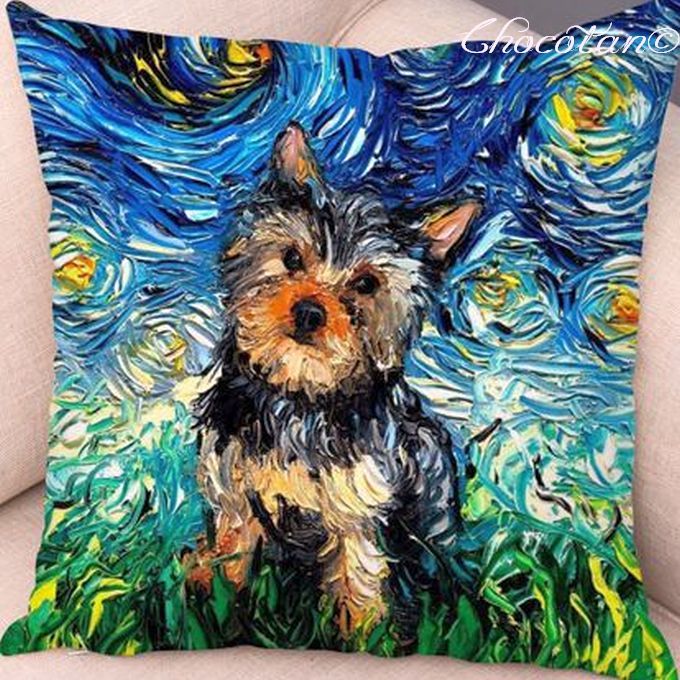 【送料無料】ヨークシャーテリア 26 ゴッホ風 油絵 ピーチスキン 45x45cm クッションカバー【新品】拍卖