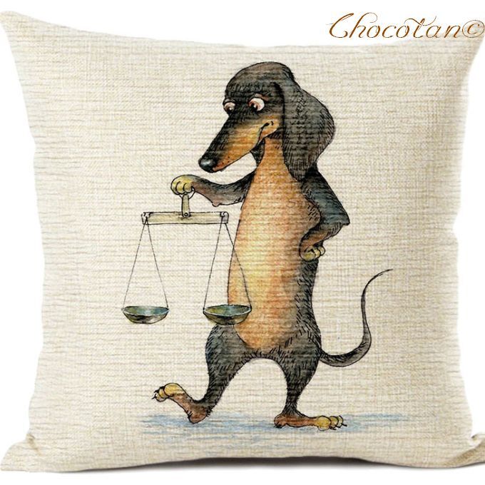 【送料無料】ダックスフンド 星座 天秤座 コットンリネン 45x45cm クッションカバー【新品】拍卖