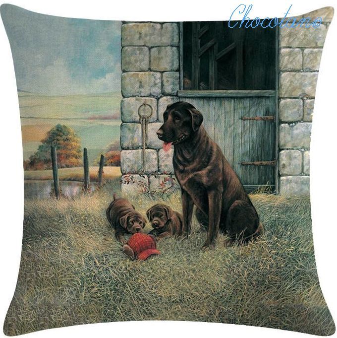 【送料無料】チョコラブラドール ⑥Cファミリー コットンリネン 45x45cm クッションカバー【新品】拍卖