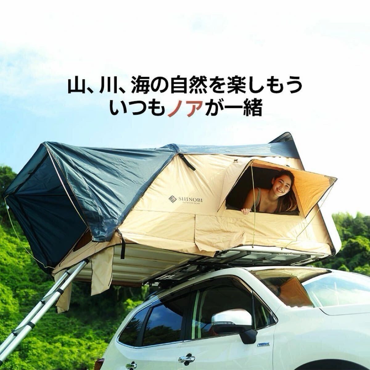 新品未使用品 SHINOBI ルーフテント ハシゴ付 キャンプ 車中泊 カーサイドタープ キャンプタープ トレーラーテント アウトドア 簡単設営拍卖