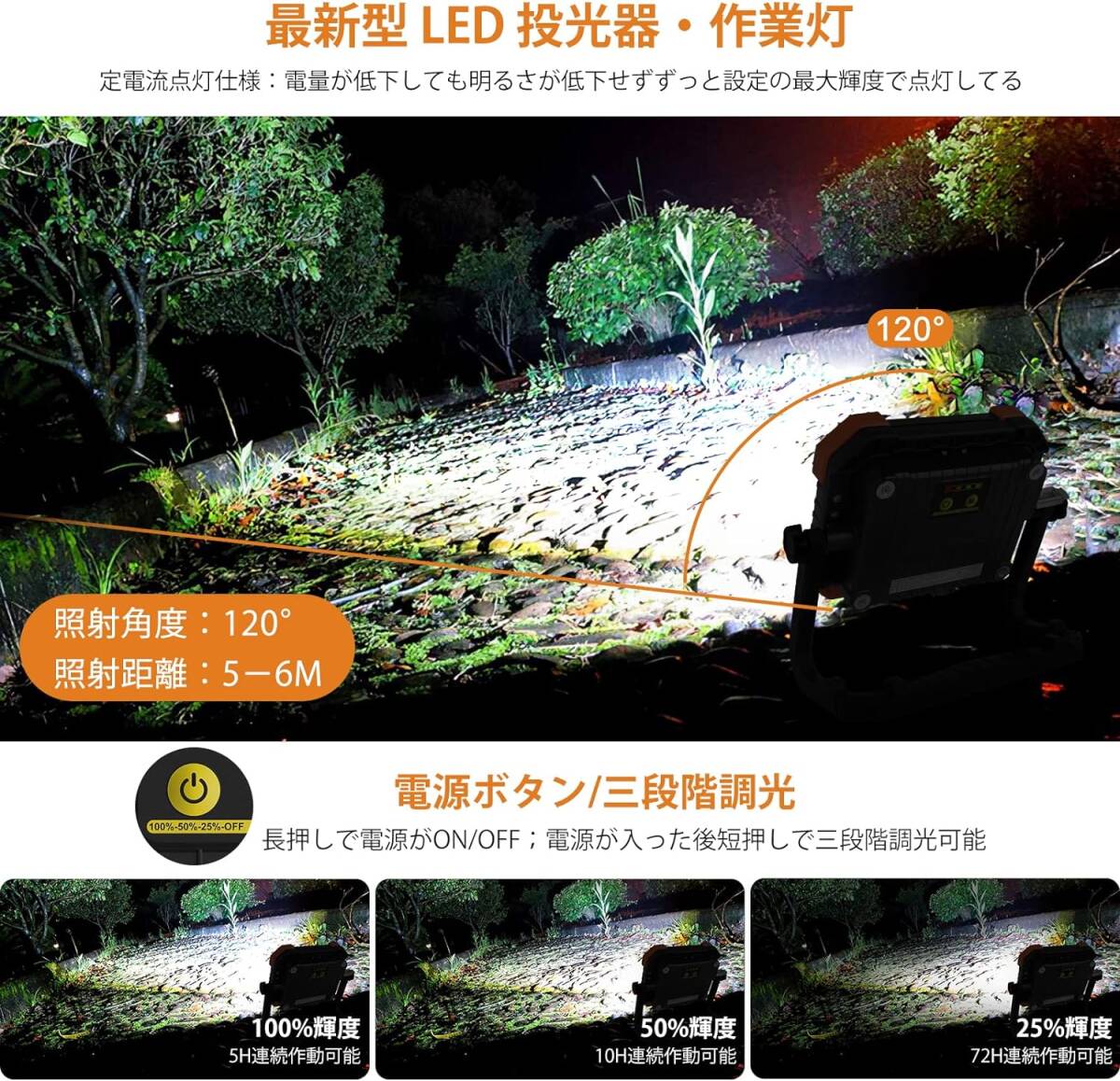 日常使い 充電式LED投光器 作業灯 ワークライト 高輝度 6000LM 屋内外拍卖