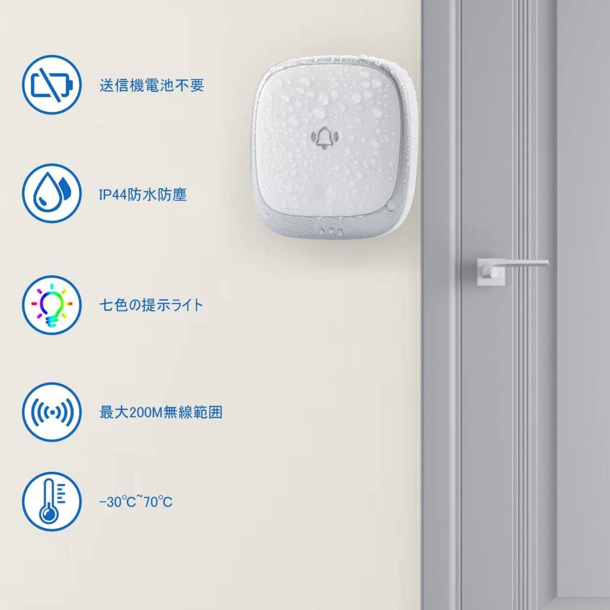 ファッション ワイヤレスチャイム 玄関チャイム 電池不要 自動発電 音と光で呼び拍卖