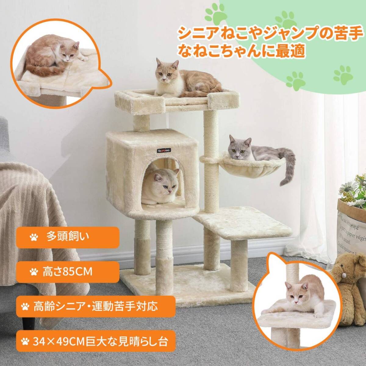 子猫やシニア猫におすすめの低めの段差付きキャットタワー拍卖