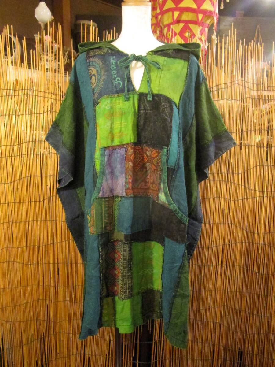 ④新品*男女兼用*ストーンウォッシュ*コットン素材*ゆったりサイズ*パッチワーク*フード付き*ポンチョ拍卖