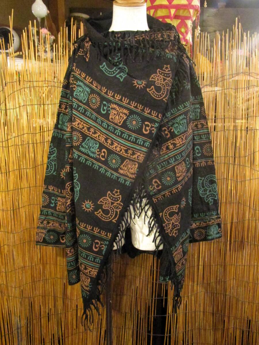 ③新品*男女兼用*ストーンウォッシュ&ラムナミプリント*コットン素材*ゆったりサイズ*2WAY*フリンジ*スナフキン*旅人風コート拍卖