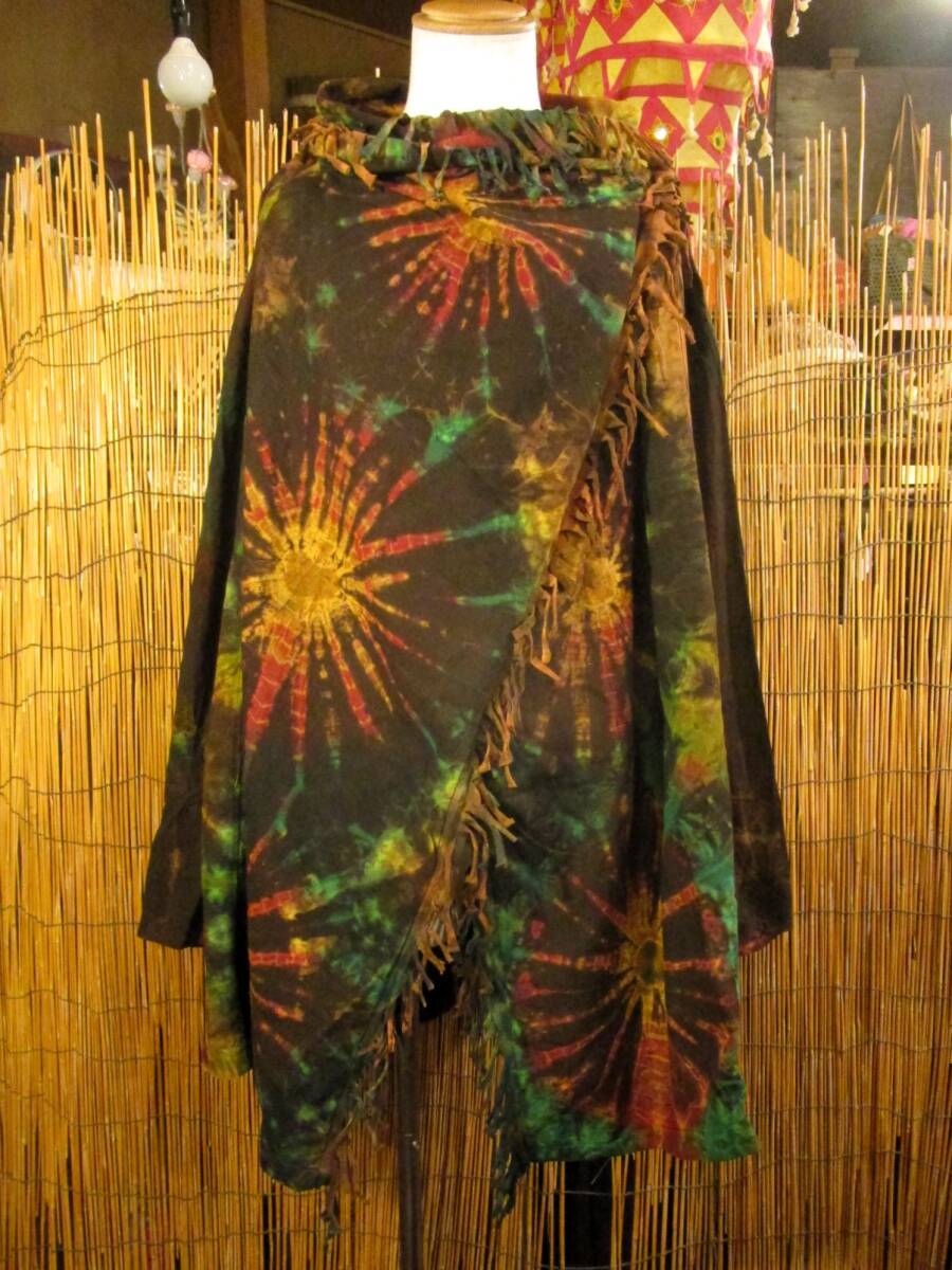 ⑨新品*男女兼用*タイダイ染め*コットン素材*ゆったりサイズ*2WAY*フリンジ*スナフキン*旅人風コート拍卖