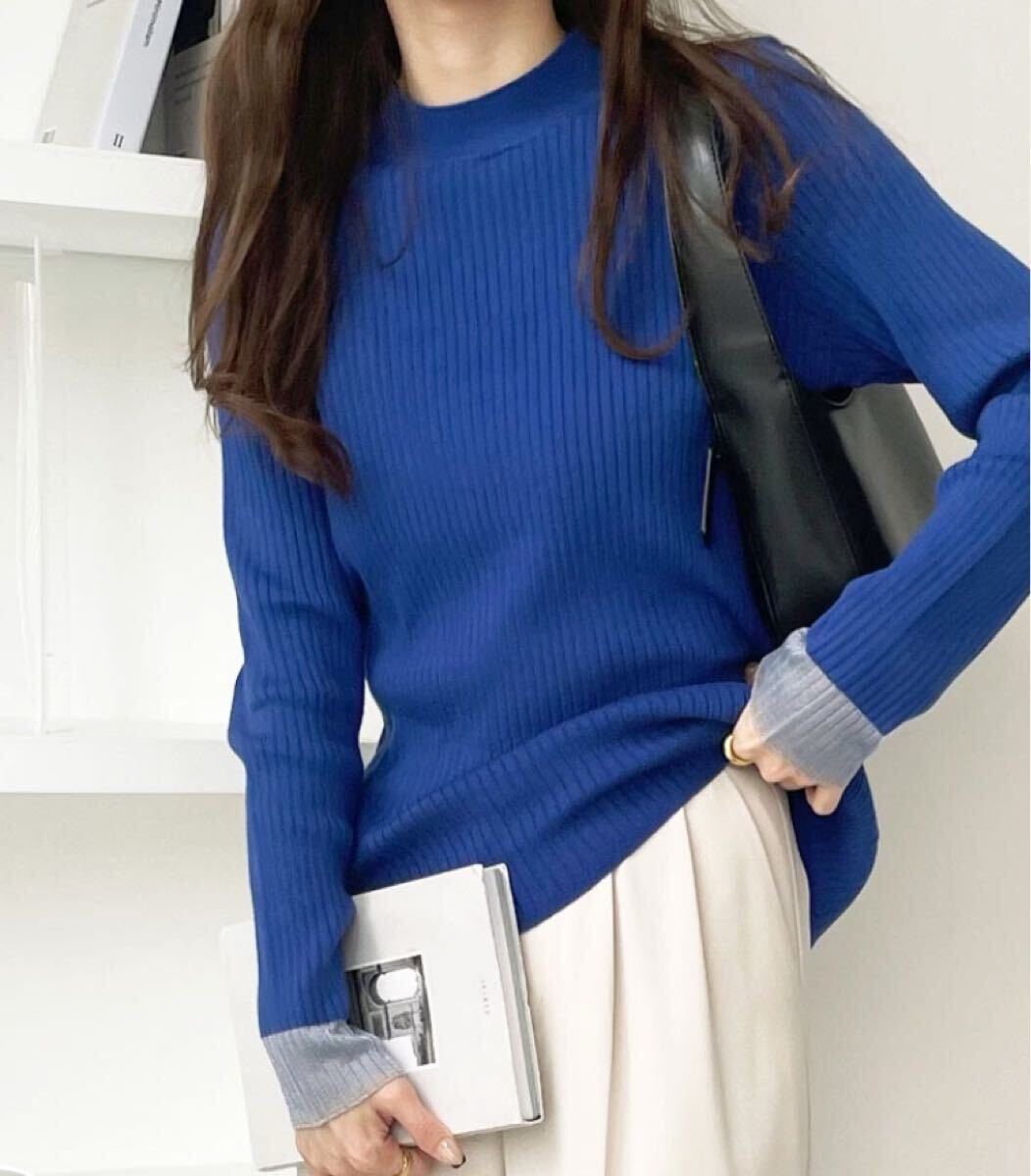 GeeRA 袖口シアーハイネックリブニットトップス ブルー 長袖ニット拍卖