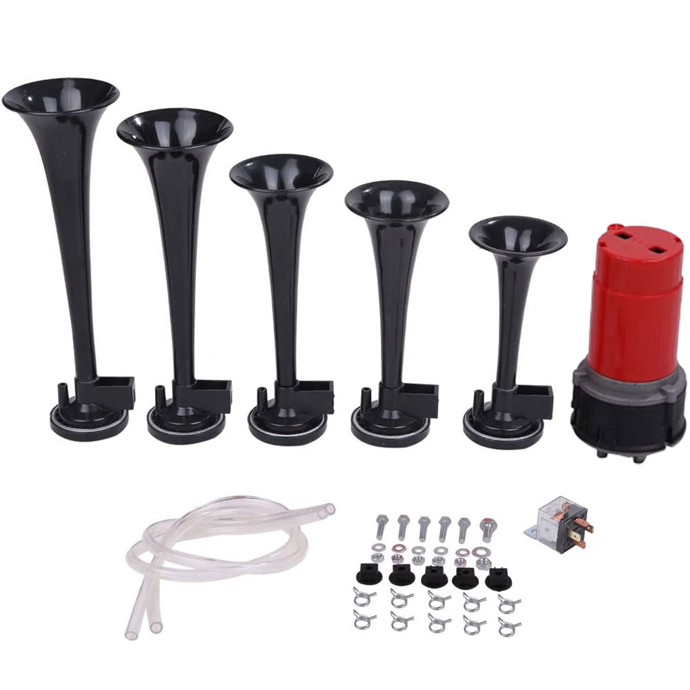 ラッパ ホーン 5連 ミュージック エアホーン ヤンキーホーン 12V 車 バイク 黒 ブラック KRB270拍卖