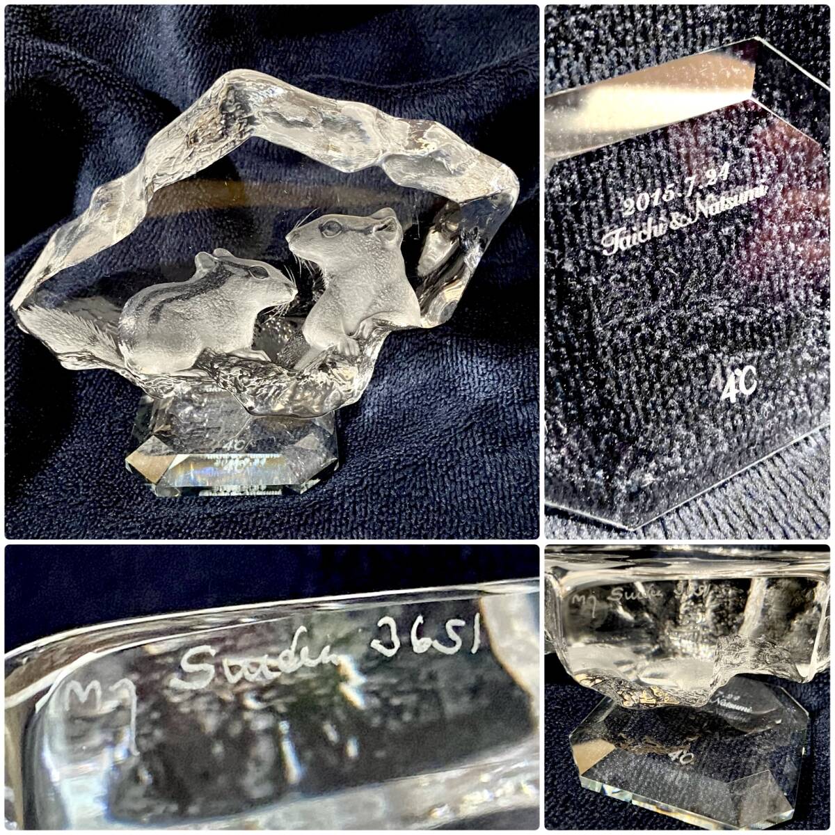 4℃ × Mats Jonasson 北欧スウェーデン製 クリスタル リス オブジェ No.3651 台座付 美品拍卖