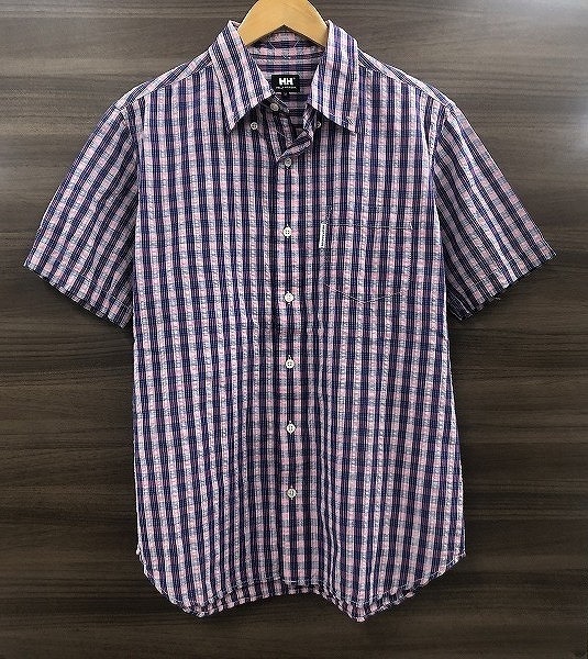 ヘリーハンセン HELLY HANSEN メンズカジュアルシャツ 半袖 Mサイズ ピンク系 チェック柄拍卖