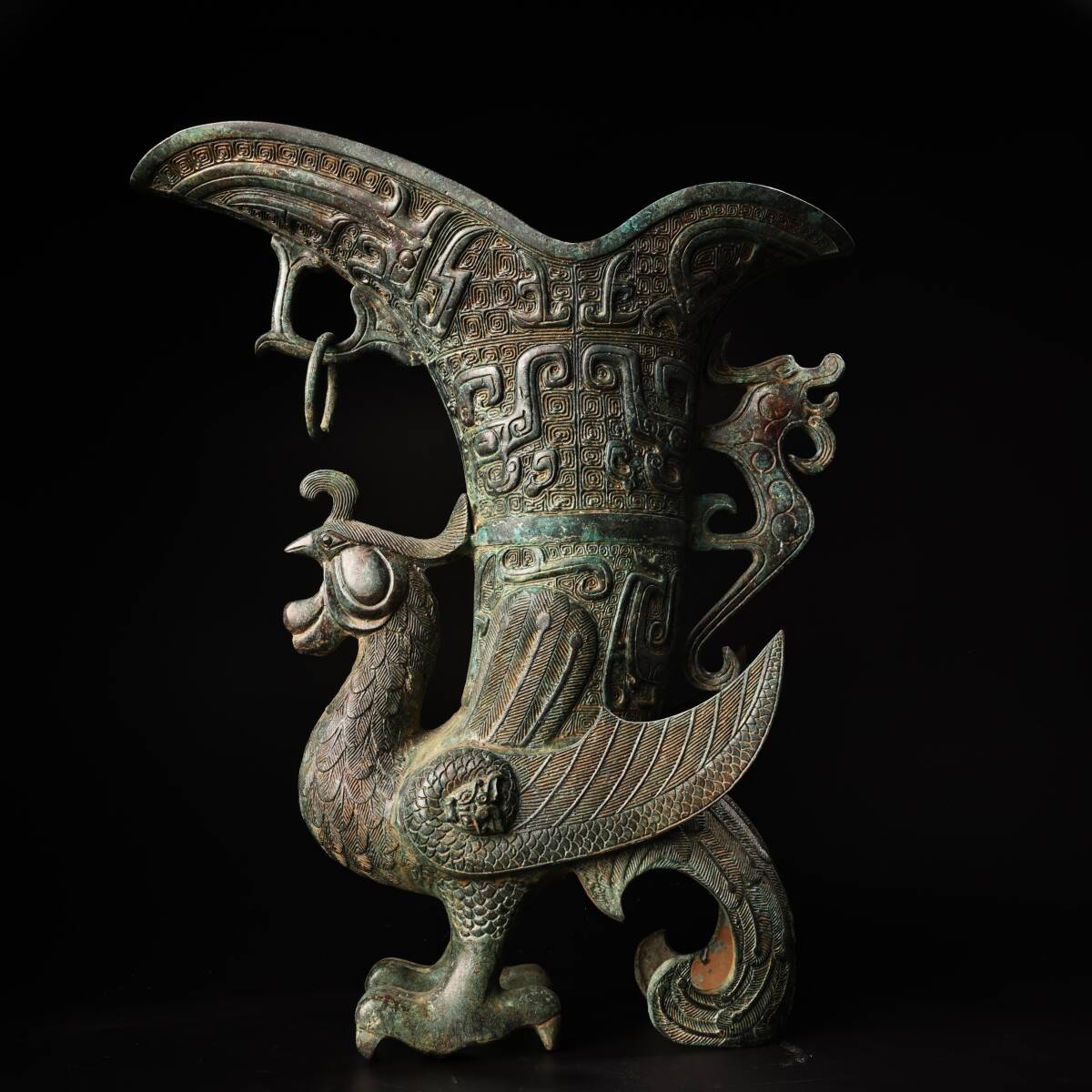 【仁】『青銅製・鳳尊・酒器・青銅器・置物・賞物』古賞物 古董品 古美術品 時代物 旧家蔵出 稀少珍蔵品拍卖