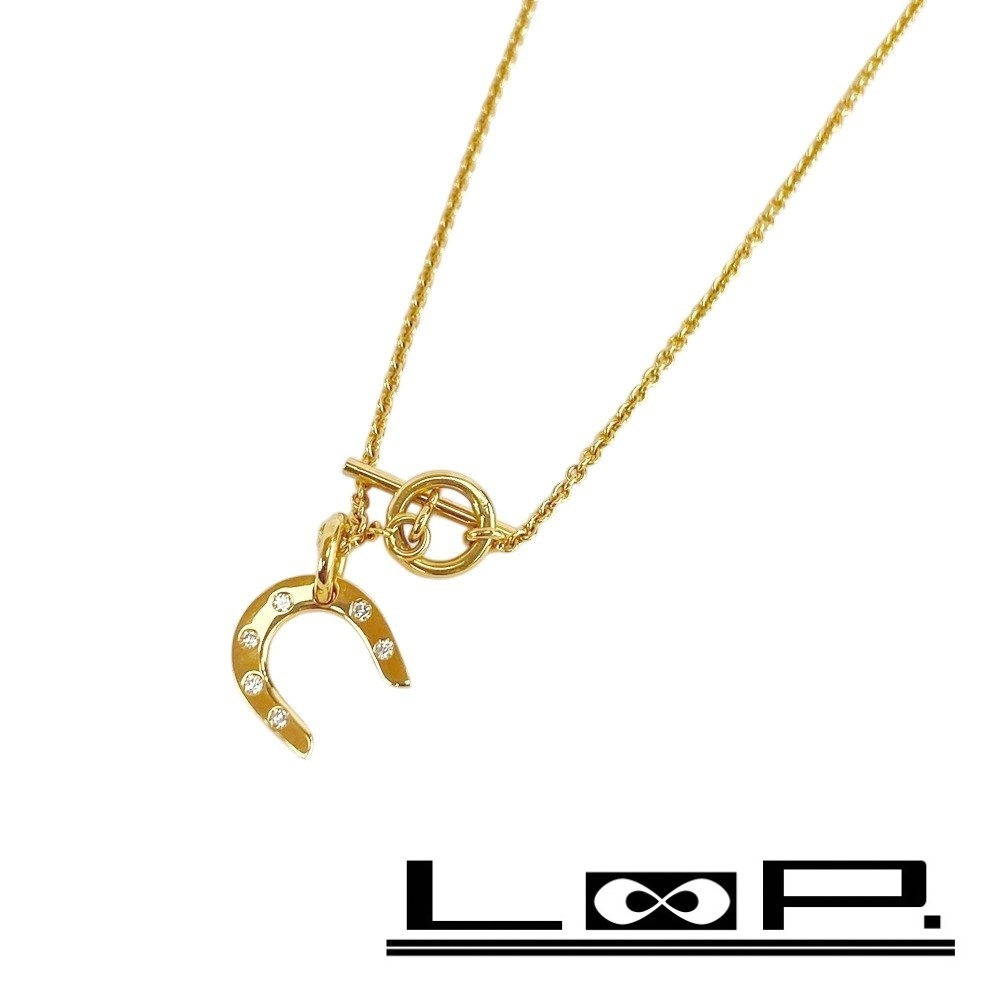 ■新同■ エルメス ホースシューアミュレット ネックレス 蹄鉄 YG750 K18 ダイヤ 9.6g 【433597】1拍卖