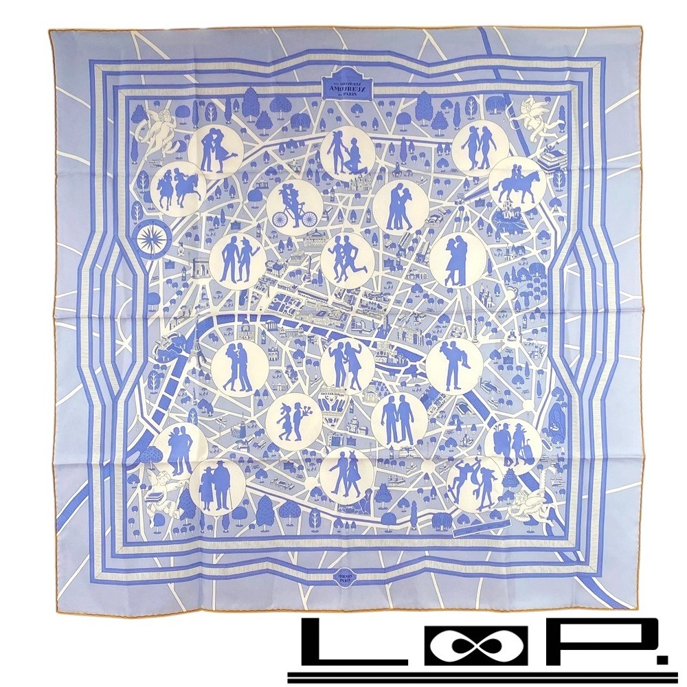 ■新同■ エルメス カレ 90 LES NOUVEAUX AMOUREUX DE PARISスカーフ ファッション 水色 箱 【422638】1拍卖