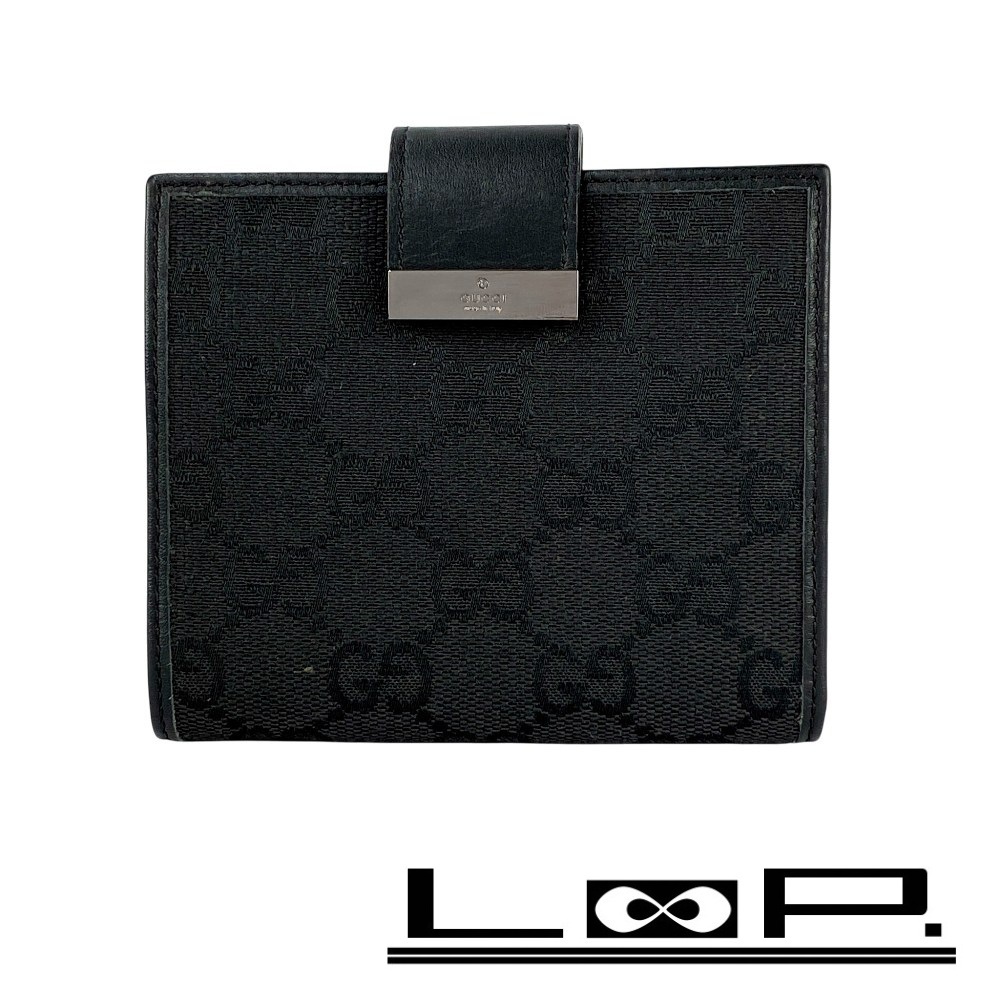■美品■ グッチ GG 二つ折り 財布 コンパクト ウォレット キャンバス ブラック 【441493】10拍卖