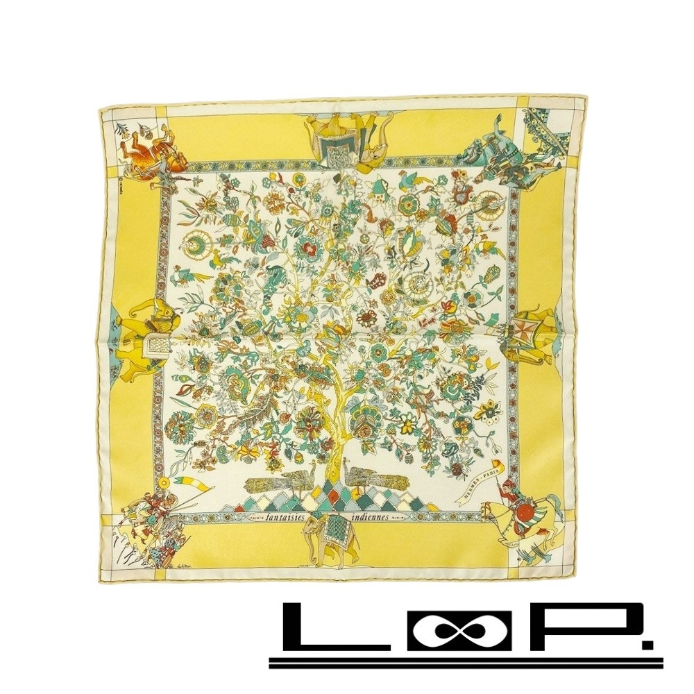 ■美品■ エルメス カレ45 Fantaisies indiennes 眩惑のインド スカーフ バンダナ アニマル シルク イエロー 箱 【447457】5拍卖