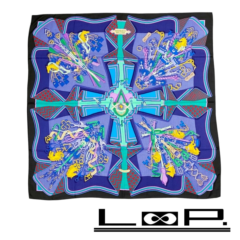 ■未使用■ エルメス カレ140 鞍職人の花束 BOUQUETS SELLEIER ストール スカーフ カシミヤ シルク ブルー 箱 【436987】5拍卖