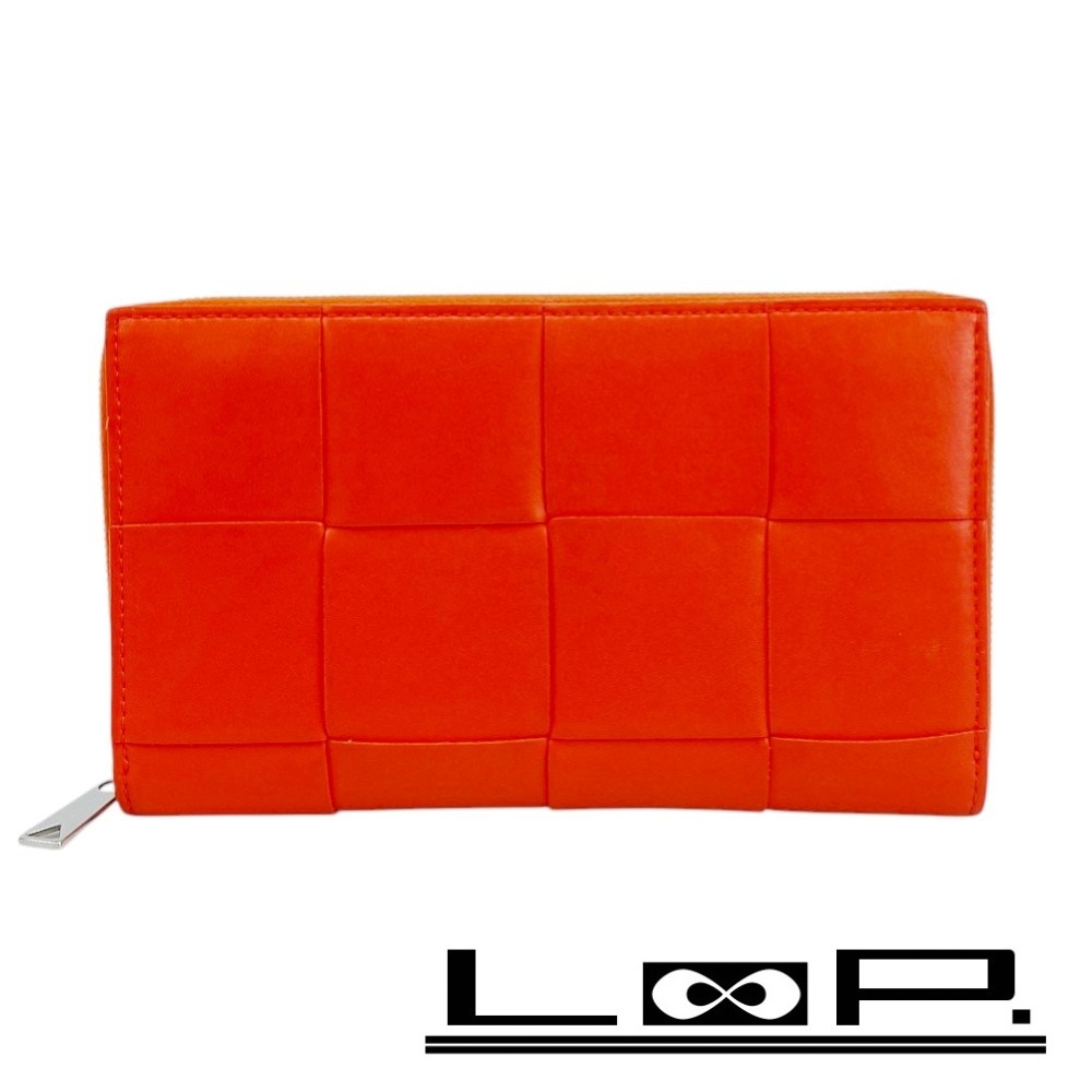 ■美品■ ボッテガヴェネタ イントレチャート ラウンドジップ 長財布 ウォレット レザー オレンジ 【392351】5拍卖
