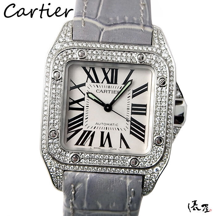 【国際保証書】カルティエ サントス 100 MM ダイヤベゼル 自動巻 極美品 OH済み 時計 Cartier Santos 俵屋拍卖