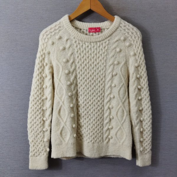 J105 X-girl エックスガール ポンポン付き ニット セーター クルーネック ケーブル編み ウール ナイロン レディース ホワイト系 サイズ 1拍卖