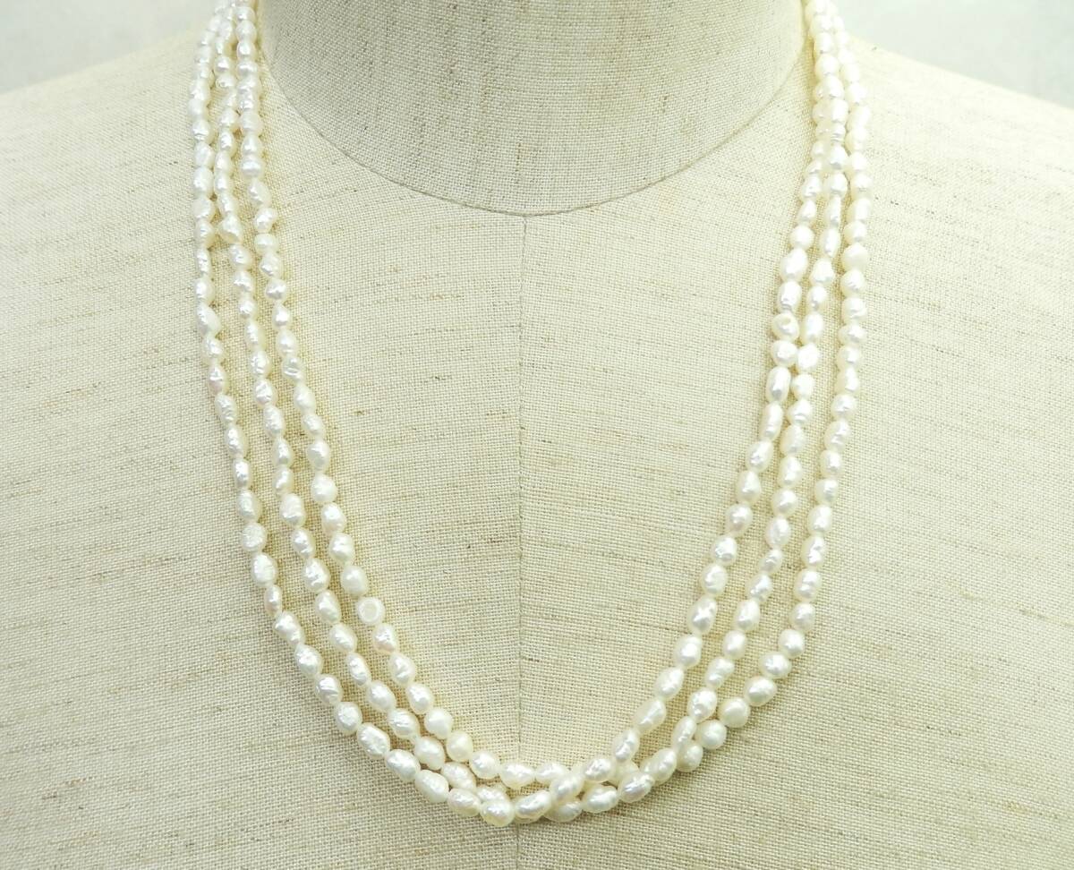 SILVER留め具 パール・真珠 淡水パール 50cm 3連ネックレス 約27.2g 現状品 売り切り拍卖